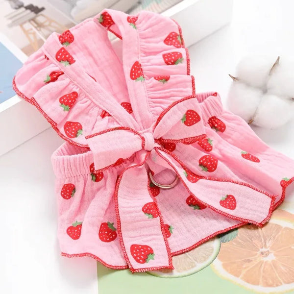 Pink strawberry print dog dress for small breeds with ruffled details