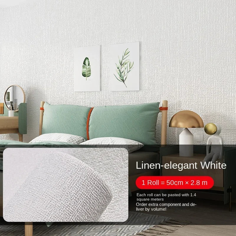 Linen-elegant white self-adhesive 3D thermal insulation wallpaper roll with linen texture