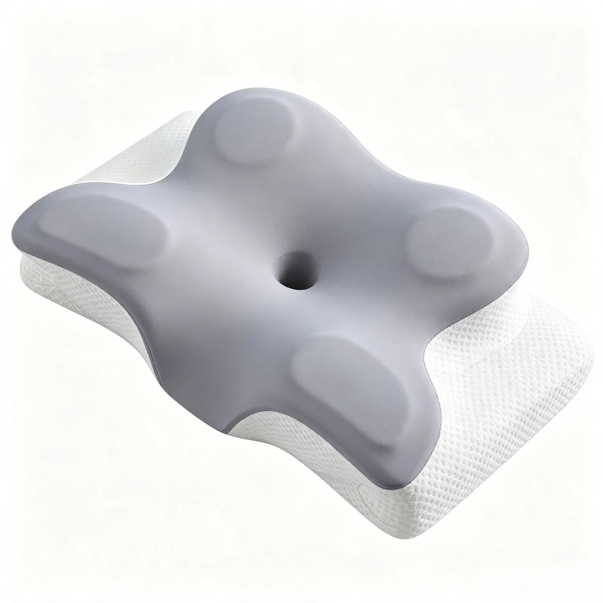 A gray cooling memory foam pillow with a white textured cover and supportive neck shape.