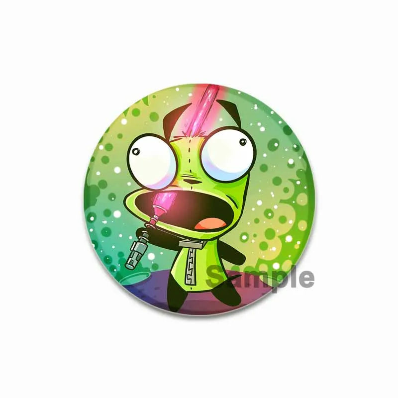 An enamel pin featuring the Invader ZIM anime character with pink hair and a glowing weapon.