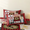 A red plaid pillow featuring a reindeer print design with festive Christmas elements.