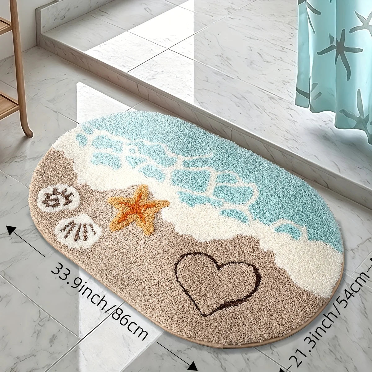 A beige and blue rug featuring a starfish and heart design for a bathroom.