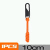Black detachable zipper pull sliders with an orange cord for bags and clothing