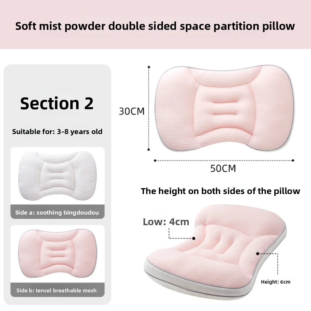 Soft mist powder double-sided space partition pillow shown in pink and white.