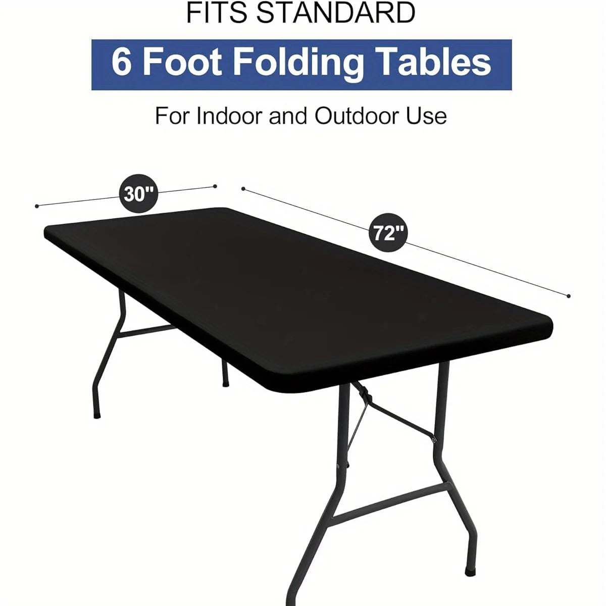 A black folding table with a 30-inch by 72-inch surface shown for indoor and outdoor use.