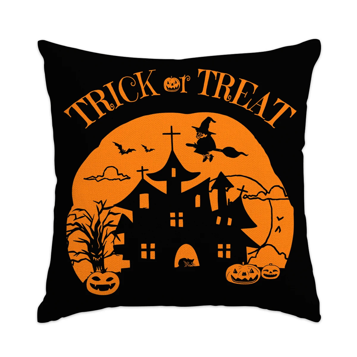 A black pillow featuring a distressed orange silhouette of a spooky castle and bats with the text Trick or Treat.
