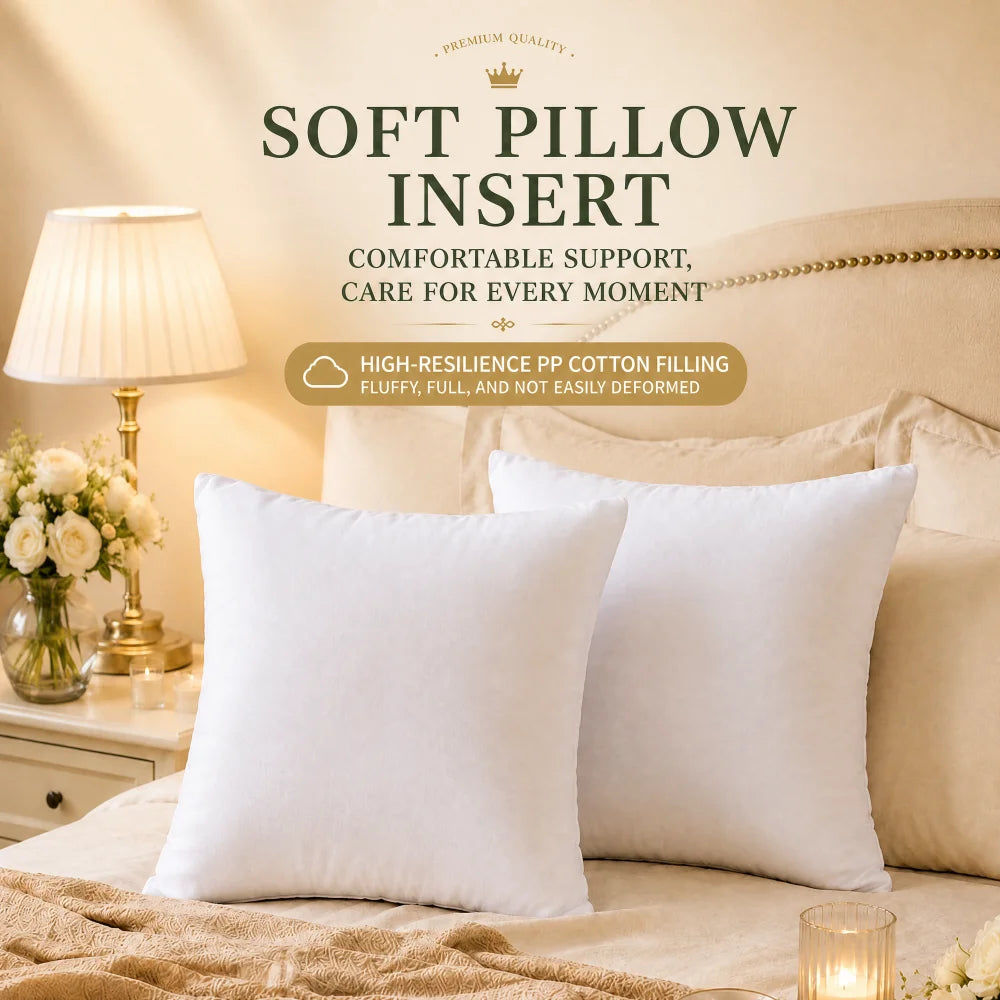 A white soft pillow insert is shown next to a decorative lamp and bedding, emphasizing comfortable support.
