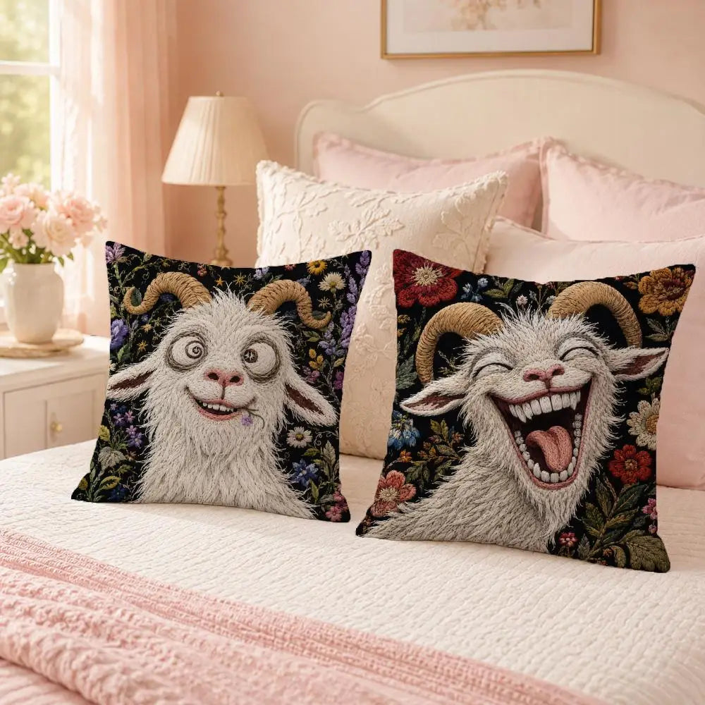 Funny screaming goat pillow covers featuring a gray goat face with an open mouth and large teeth