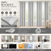 Set of four linen textured blackout curtains with grommet tops shown in a window setting.