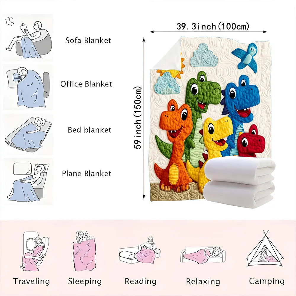 A collection of various blanket types including sofa, office, bed, and plane blankets, alongside a large dinosaur cartoon thr