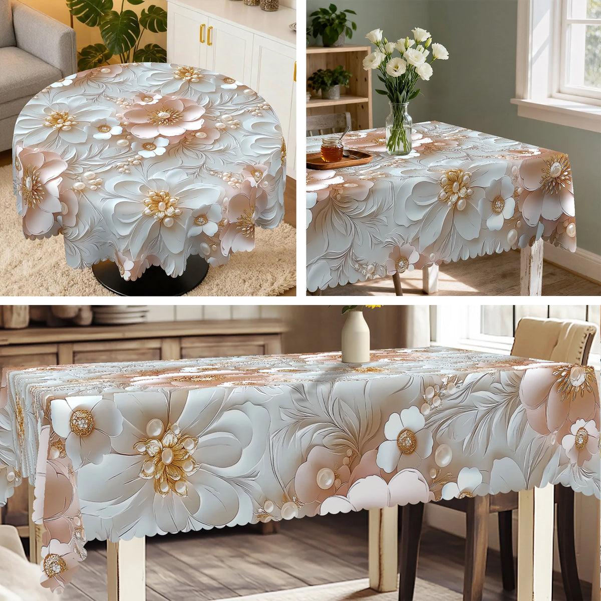 Elegant floral tablecloth featuring soft pink and white flowers with embossed edges on a wooden table.