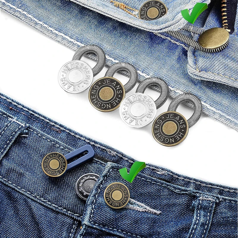 A close-up of a metal button extender for jeans showing various sizes and a green checkmark.