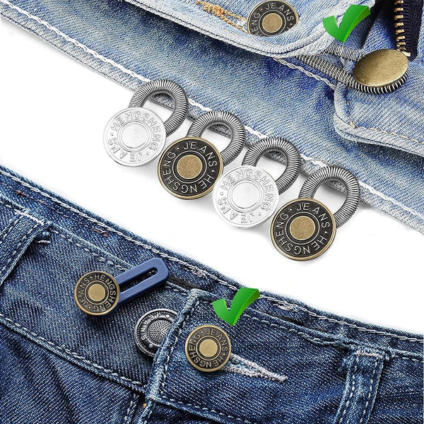 A close-up of a metal button extender for jeans showing various sizes and a green checkmark.
