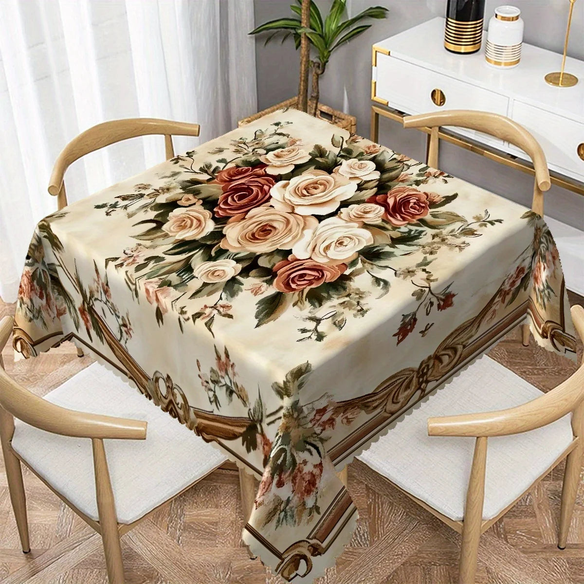 Elegant floral lace rectangular tablecloth displayed on a wooden dining table.
