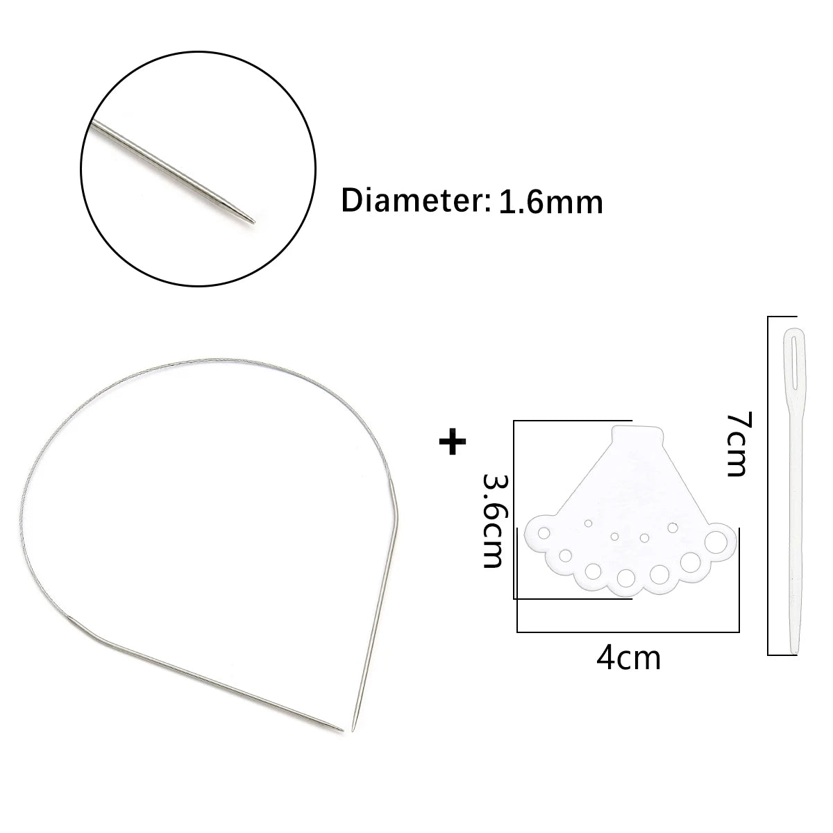 Stainless steel circular knitting needles set with a 1.6mm diameter and a 7cm length.