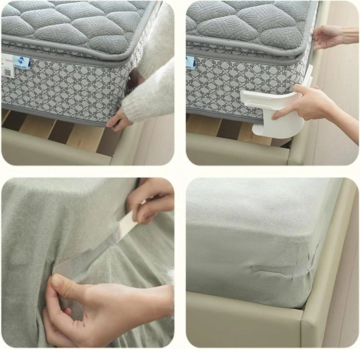 Hands are shown using invisible bed sheet fixing clips to secure a mattress cover onto a bed frame.