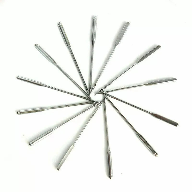 A set of precision sewing threading needles arranged radially on a white background.