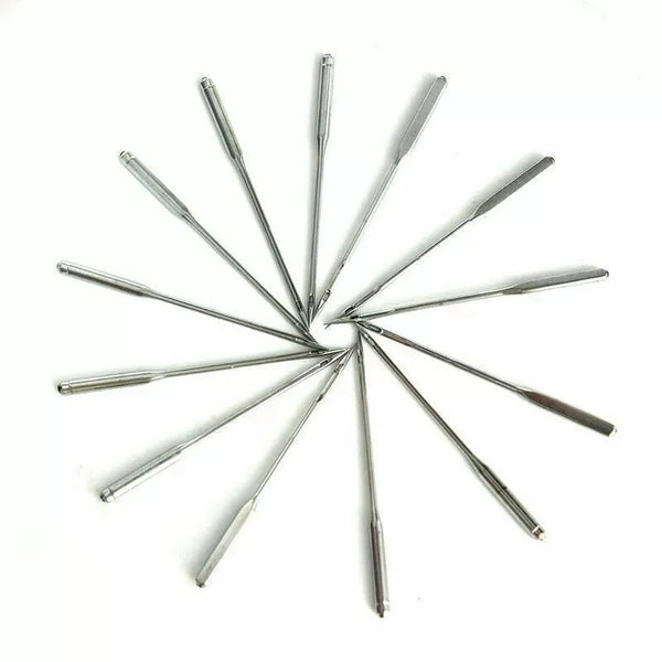 A set of precision sewing threading needles arranged radially on a white background.