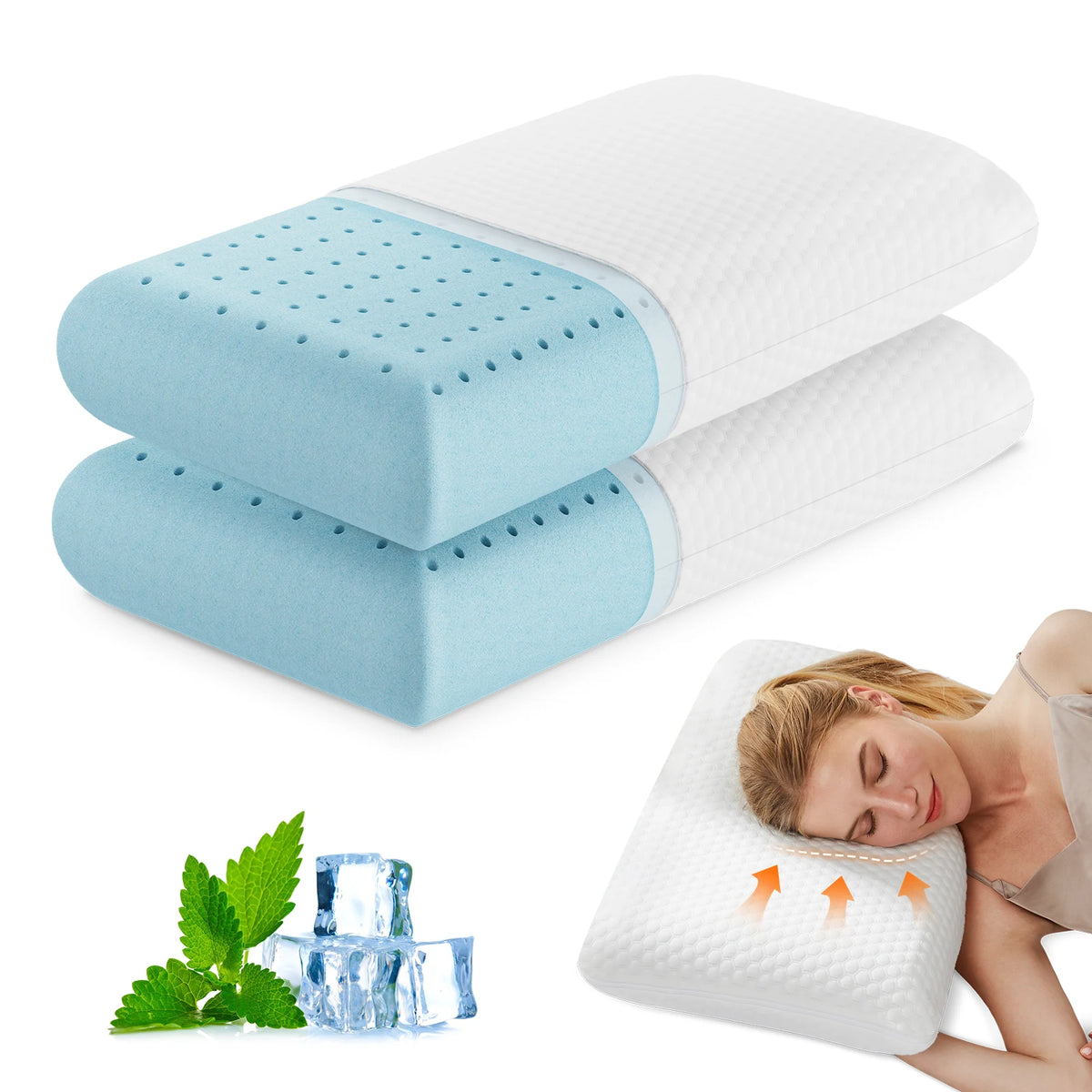 A white memory foam neck pillow with a light blue removable cover is shown next to fresh mint leaves and ice cubes.