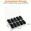 Compartment storage box containing 160 black resin sewing buttons in assorted sizes