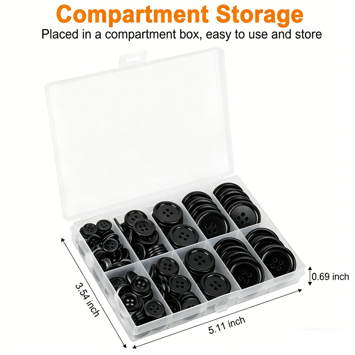 Compartment storage box containing 160 black resin sewing buttons in assorted sizes