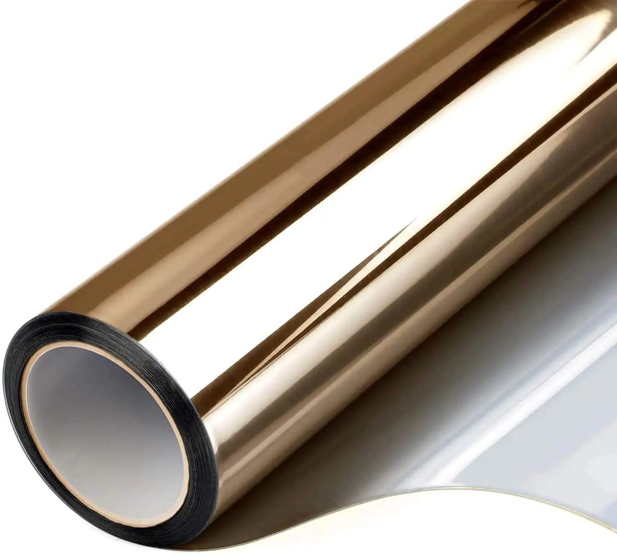 A close-up view of a bronze one way mirror window film rolled up, showing its reflective surface.