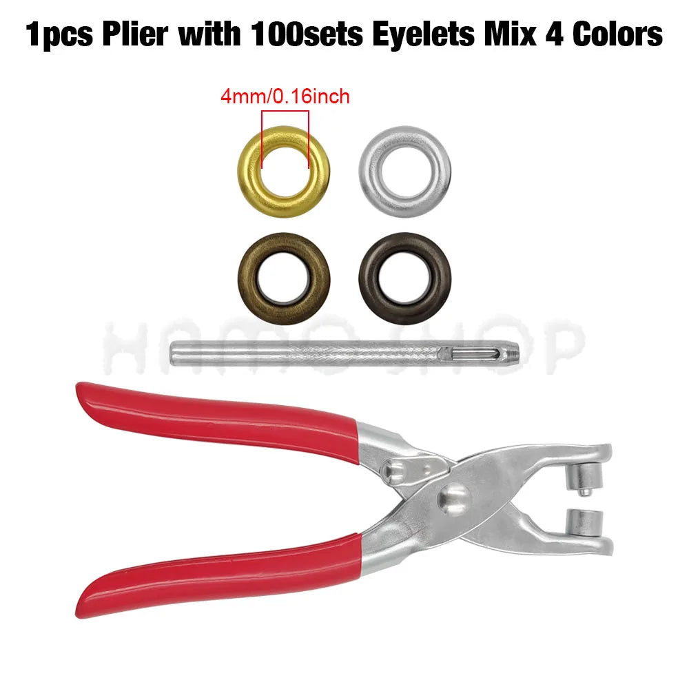 A set of 100 eyelets and a 1 piece plier tool in four colors for precision work