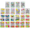 A grid of nickel-plated dressmaking pins with colorful heads in various shades and styles.