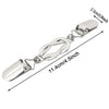 Silver garment clinching clip with a chain and a rectangular clasp.