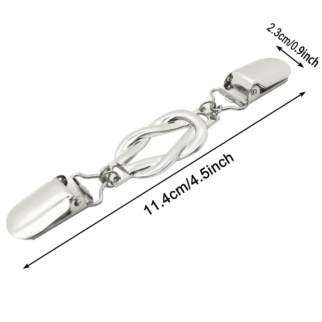 Silver garment clinching clip with a chain and a rectangular clasp.