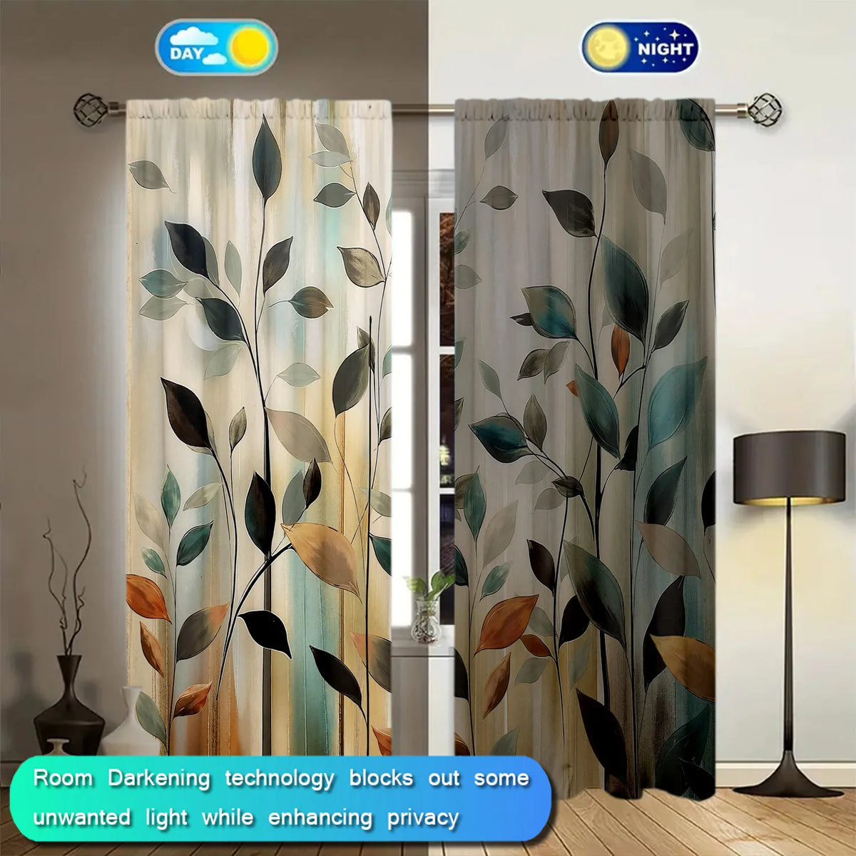 A pair of sheer curtains with an abstract leaf print are shown hanging on a rod, demonstrating room darkening technology.