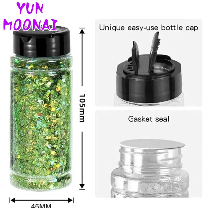A glass jar of holographic green glitter nail craft mix with a black bottle cap and gasket seal.