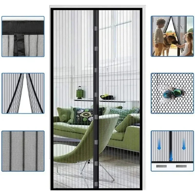Automatic mosquito net curtain installed on a glass door, showing various installation and usage angles.