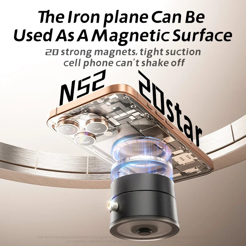 A foldable magnetic phone stand is shown with a vacuum suction base, demonstrating its ability to hold a cell phone firmly.