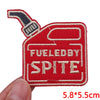 Red embroidered patch featuring the text FUELED BY SPITE on a heart-shaped design