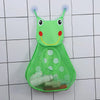 A bright green cartoon duck mesh bath toy organizer with adhesive hooks and a perforated base.
