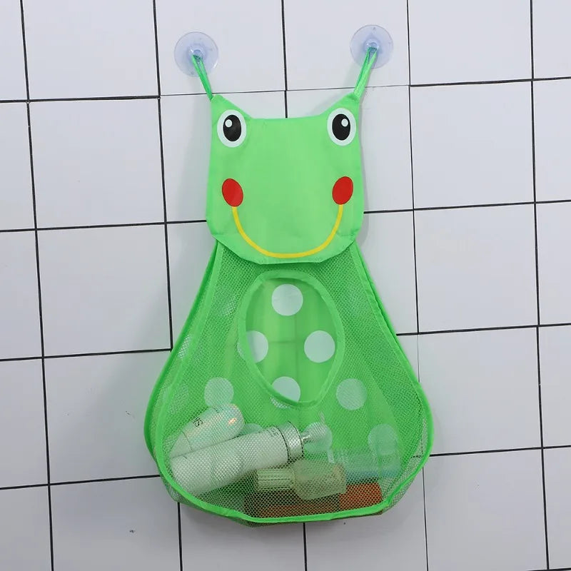 A bright green cartoon duck mesh bath toy organizer with adhesive hooks and a perforated base.