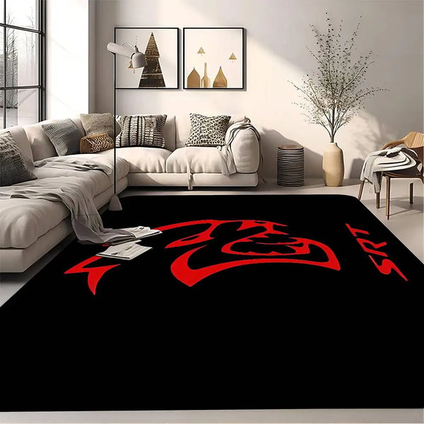 A black anti-slip door mat featuring a large red stylized logo on a modern living room floor.