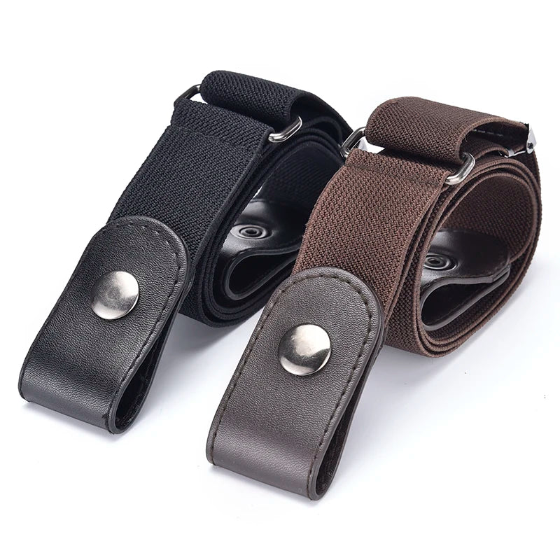 A close-up of a dark brown stretch elastic belt with silver buckles and black strap.