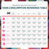 Reference table showing yarn consumption for various weights including Super Fine, Fine, Light, Medium, Bulky, Super Bulky, a