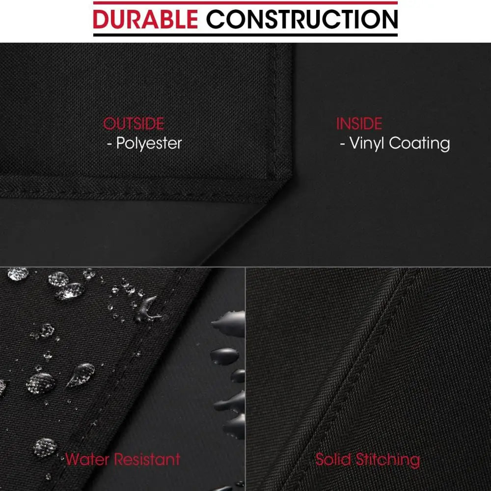 Close-up view of a black waterproof BBQ grill cover showing outside polyester and inside vinyl coating with solid stitching.