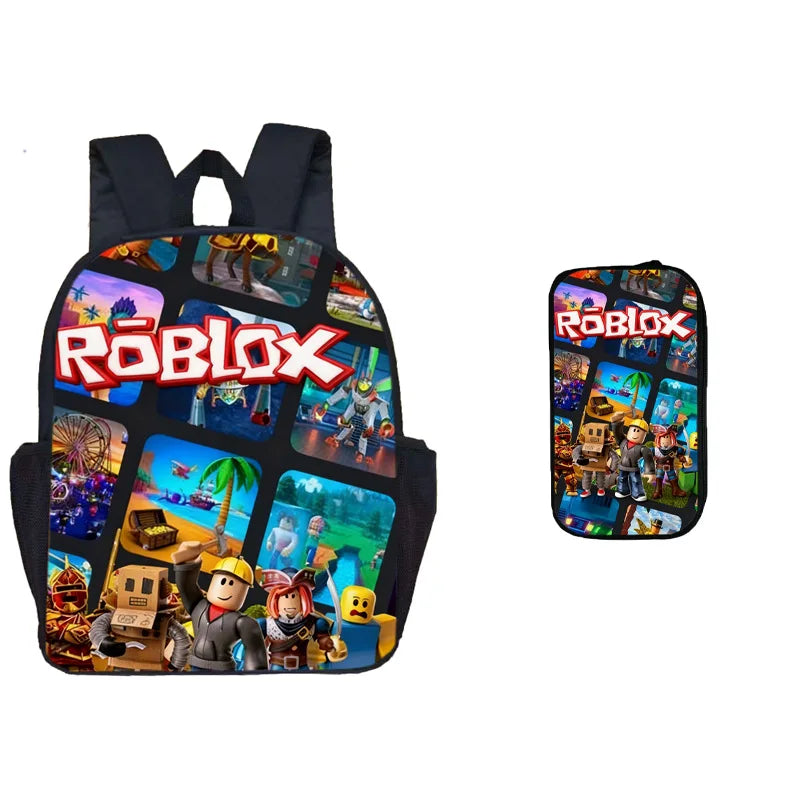 A black backpack with a Roblox theme featuring various game characters and logos.