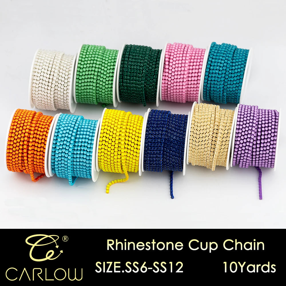 A collection of multi-color rhinestone cup chains in various shades of green, pink, blue, yellow, and purple.