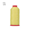 A spool of yellow heavy duty nylon sewing thread with a red cap.