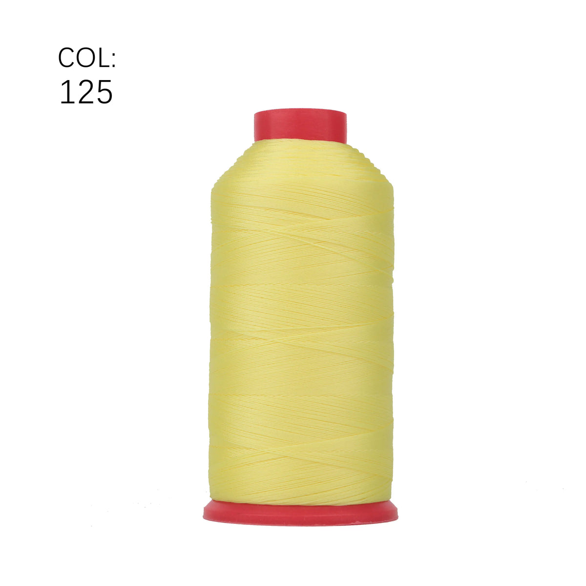 A spool of yellow heavy duty nylon sewing thread with a red cap.