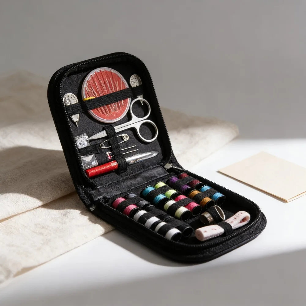 A black zippered case containing a multi-functional sewing kit with various tools and thread spools.