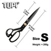 Black TUPI tailor's shears with measurements and size S marked on the blade.