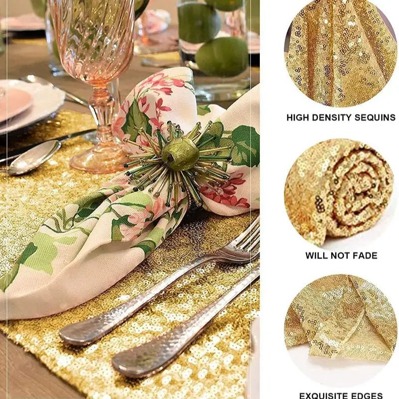 Golden sequin table runner with fabric napkin and silverware on a gold textured surface