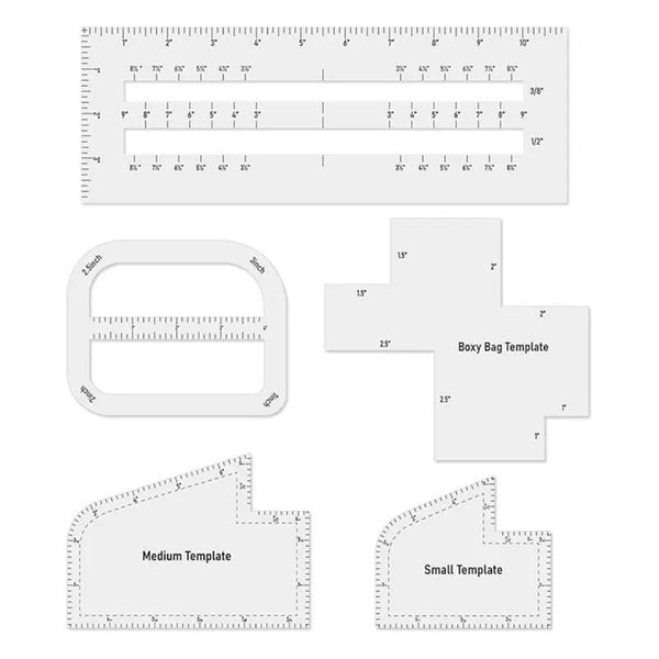 A set of sewing templates and rulers for DIY bag making, including a boxy bag template, medium template, and small template.
