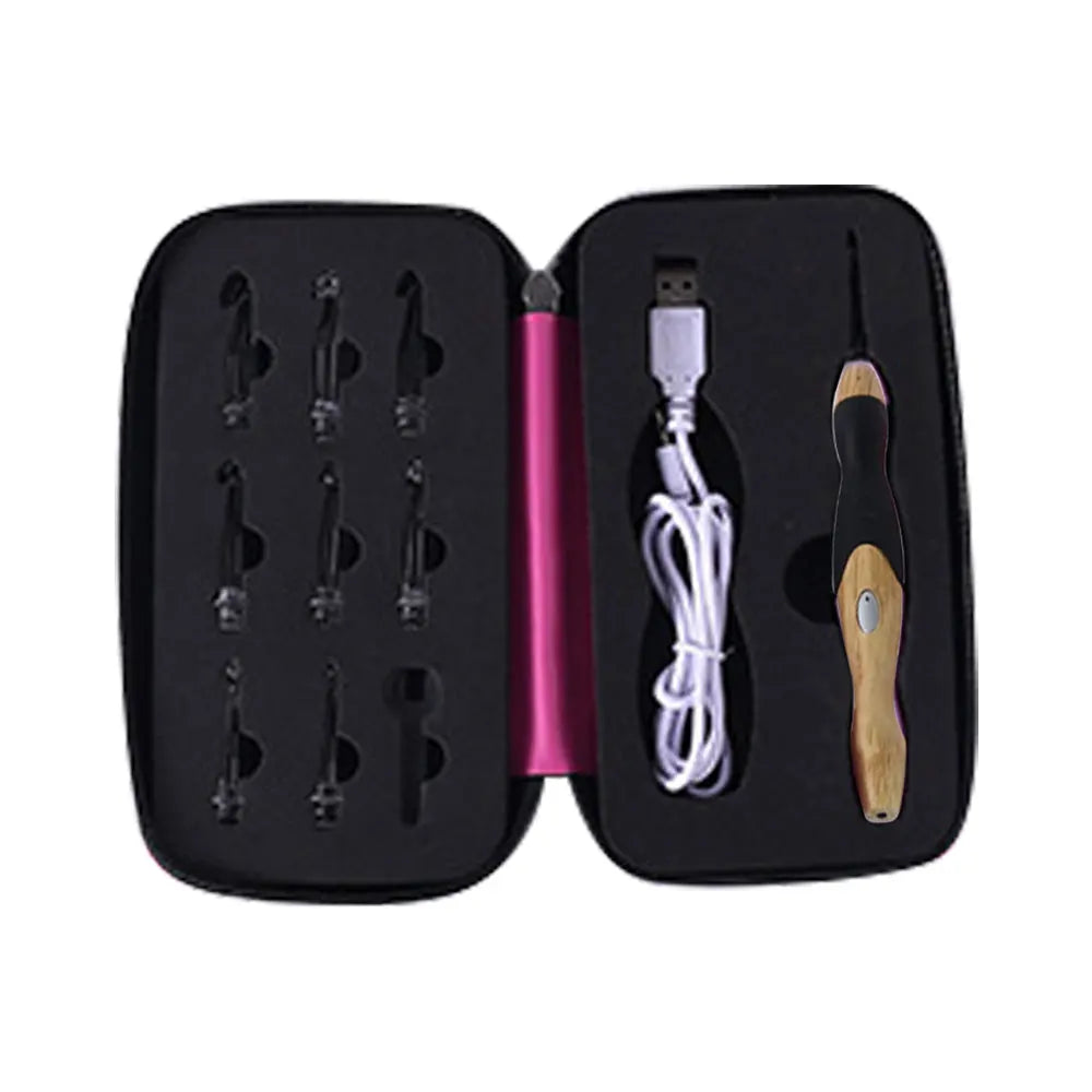 A black case containing a 9-in-1 rechargeable LED crochet hook set with various hooks and a tool.